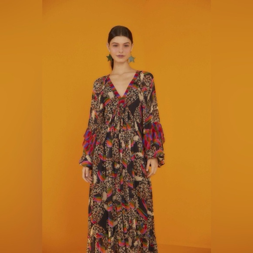 NWT $395 Farm Rio Leopard Toucans Print Ruffle Flowy Maxi Dress